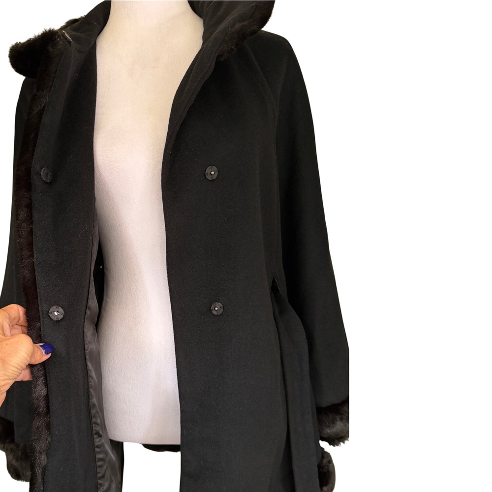 Ellen Tracy Wool Blend Faux Fur Trim Belted Poncho Cape Coat Black M Winter Glam - Picture 12 of 16